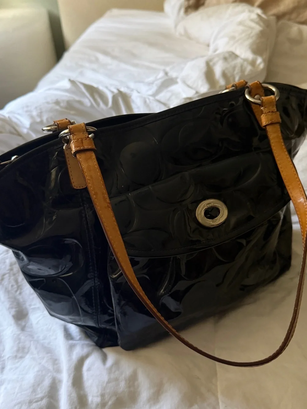 Coach dark blue Patent Tote with Tan Leather Straps